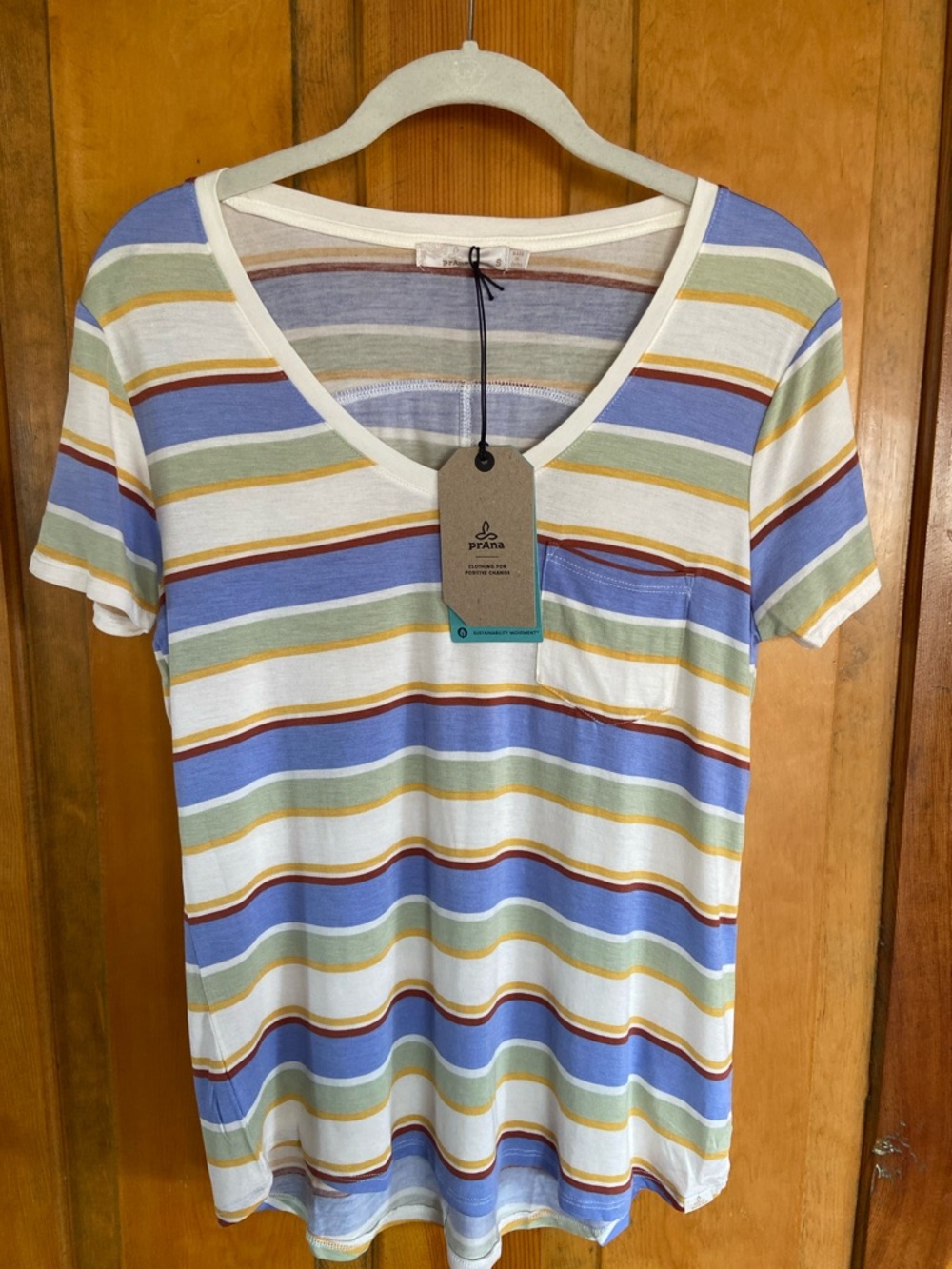 Prana Striped V-Neck Tee in Blue, White, Green, Gold, Brown